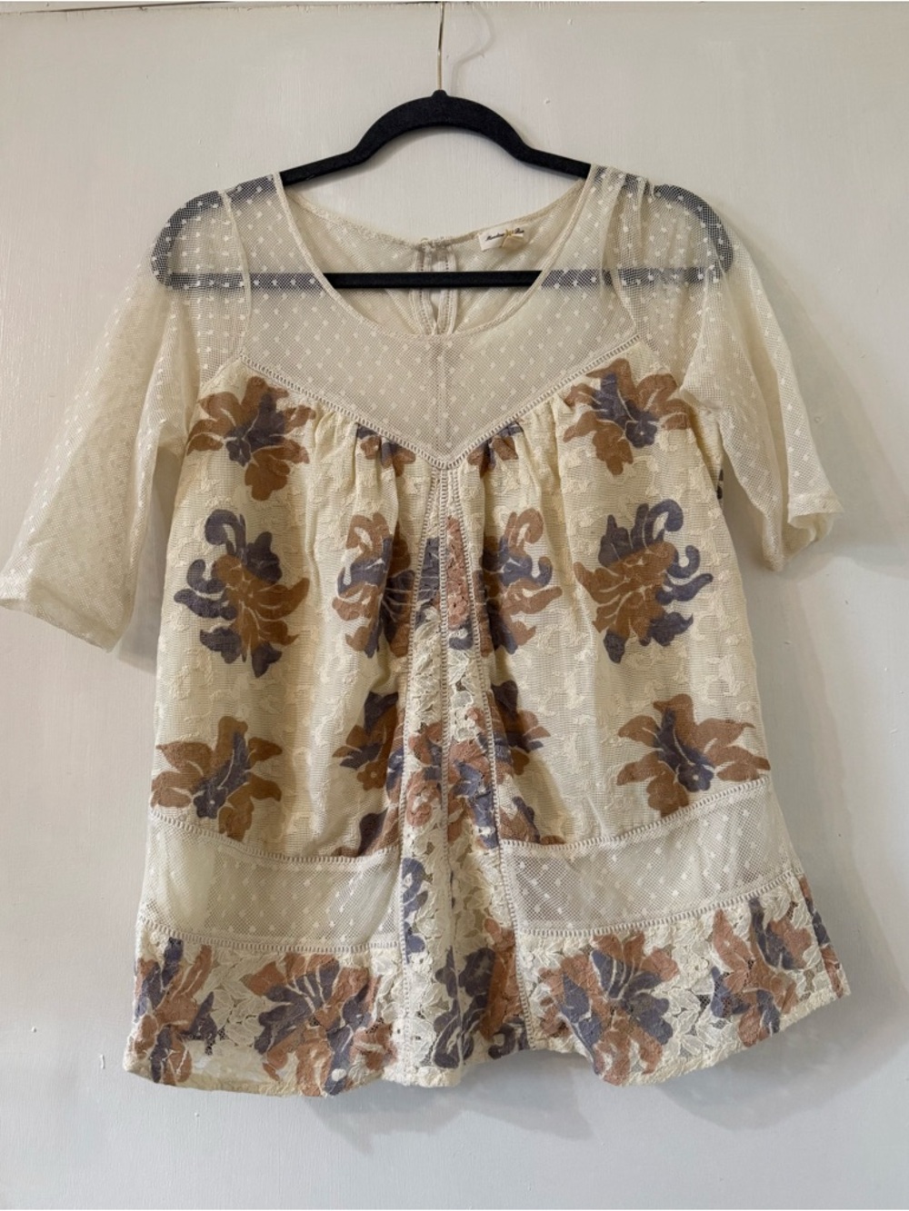 Meadow Rue Cream Floral Lace Yoke Blouse with Brown and Blue Prints